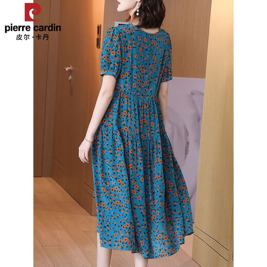皮尔卡丹（pierre cardin）新款夏季重磅真丝连衣裙女气质中年妈取碎花中长裙显瘦遮肚 蓝色 3927 L 105-115斤