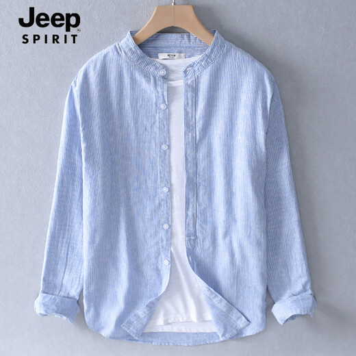JEEP SPIRIT весенне-летняя льняная рубашка с круглым вырезом, мужская с небольшим воротником-стойкой, повседневная рубашка с длинными рукавами, куртка без воротника, верхняя одежда из хлопка и льна, тонкая 9207, зеленый в стиле милитари M