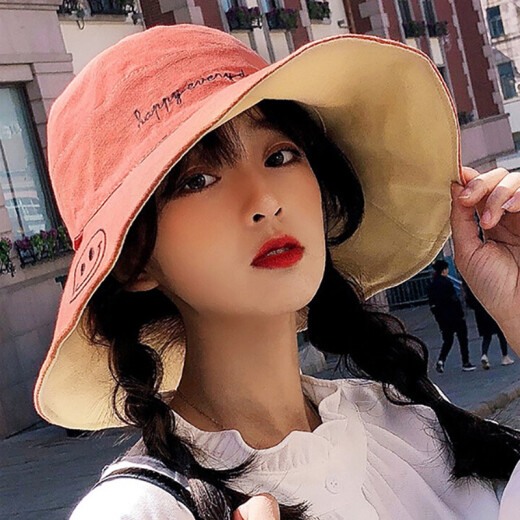 JINGPEI sun protection hat women's sun hat sun hat summer outdoor breathable anti-UV women's Japanese fisherman hat smiling face sun hat double-sided red brown