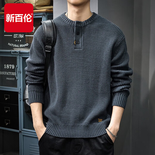 New Balance Sweater Men's 2025 Autumn Trendy American Retro Henley Collar Versatile Heavy Casual Autumn and Winter Sweater Jacket Gray Blue XL Size