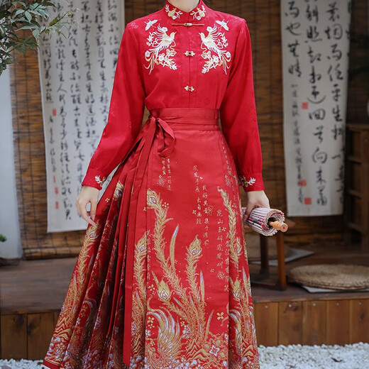 闻莺燕春夏汉服成人女织金红色马面裙全套小个子重工缎面提花衬衫套装 983红色上衣+6288红色马面裙 XL （建议体重135-150斤）