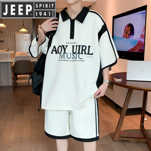 JEEP SPIRIT青年短袖t恤男装半袖POLO男夏季运动套装 6629白色【套装】 XL 130-145斤