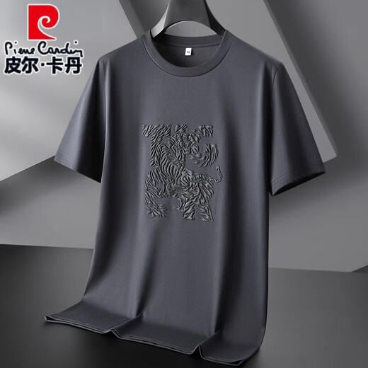皮尔卡丹（pierre cardin）夏季新款丝光棉短袖男士加肥加大宽松t恤胖子薄款透气半袖体恤针 5012深灰 【丝光棉】 XL