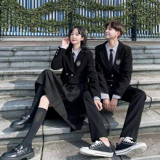 Wangyuesa High School Schülern Kleid Anzug Boy Anzug College -Paar Abschlusskleiderklasse Anzug Sommerstudent Männer Weiß Langarm Shirt Schwarz Hosen Anzug Schwarz Krawatte xl