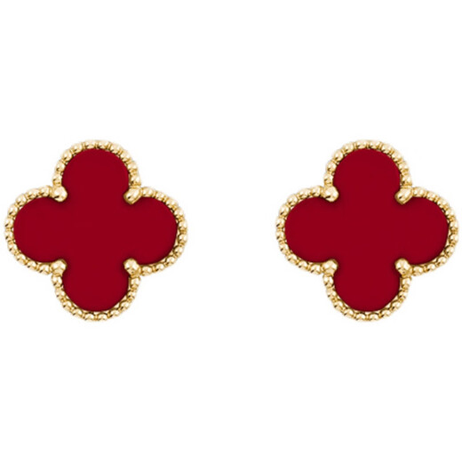 Fat Donglai's same four-leaf clover 18K gold stud earrings, 18k rose natural mother-of-pearl red and black agate needle earrings, earrings black (18k gold)