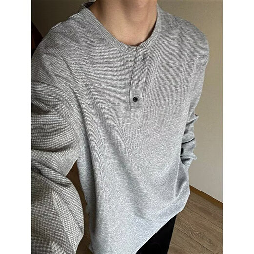 Jian Xingheng gray Henry collar long-sleeved T-shirt for men in spring and autumn American style T-shirt waffle loose casual inner layering shirt black plus velvet 1381 M 80-100Jin Jin equals 0.5 kg