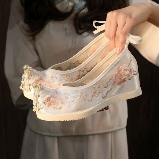 Mofu Hanfu Shoes for Female Students Ancient Style Embroidered Shoes for Women with Hanfu Inner Heightening Ancient Style Shoes Han Element Cloth Shoes Yun Bailian (6.6cm) Pearl White 37