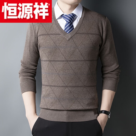 Hengyuanxiang (HYX) autumn and winter dad wear men's sweater V-neck thickened knitted sweater middle-aged and elderly plaid sweetheart collar bottoming shirt high-end brand special price off code JS1977 gray thickened high-end brand special price off code 3XL185 code recommended 170-190 Jin Jin equals 0.5 kg