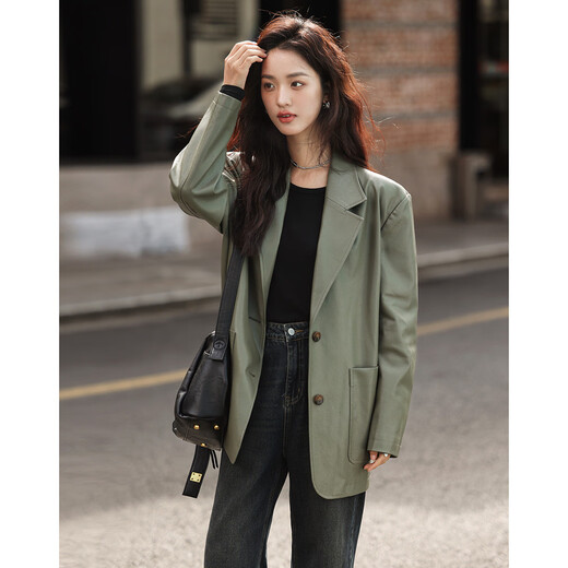 Demana [Grey Green Pu Leather Suit Jacket] Spring and Autumn New Lazy and Easy Style Cool Girl Jacket Women