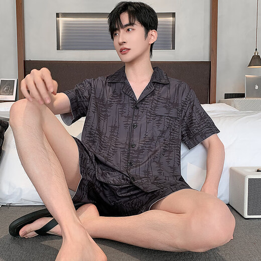 Langsha Ice Silk Pajamas Men's Summer Summer Short à manches minces Imitation de soie Home Vêtements Men d'âge moyen et jeune Suit en soie d'été LQY6624 XL 170-175CM / 130-150JIN [Jin est égal à 0,5 kg]