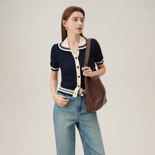 Fan Silan College Style versatile contrasting color POLO collar knitted cardigan 2024 summer new top 24FS12115 Navy blue M