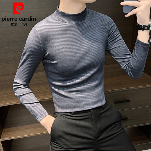 Pierre Cardin Turtleneck Bottoming Shirt Men's Thin Long Sleeve Slim 2025 New Autumn Tight Striped Mid-Collar Knitted Sweater Dark Brown 2XL Recommended 150Jin Jin is equal to within 0.5kg
