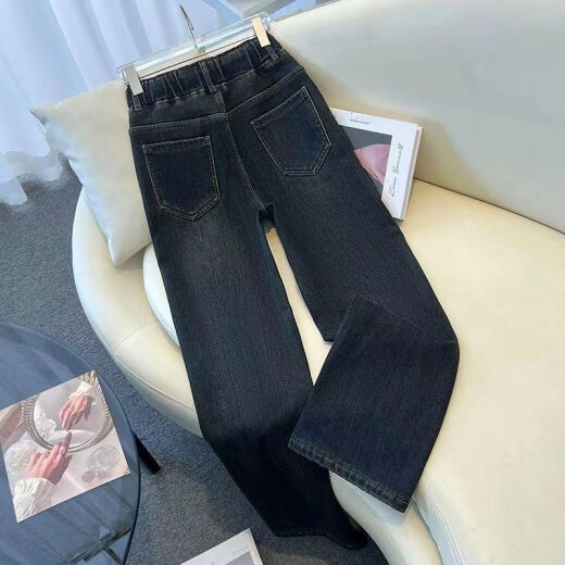 冉艺岚松紧腰牛仔裤女春秋季洋气新款高腰宽松直筒裤休闲大码窄版阔腿裤 1105浅蓝 M  95-105