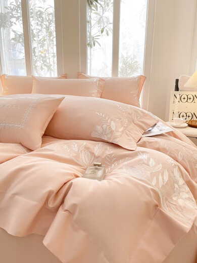 Mercury Series Class A light luxury style Xinjiang long-staple cotton four-piece pure cotton embroidered quilt cover pure cotton simple fitted sheet high-end bedding maternal and infant grade A class cotton (pink) 1.8m bed sheet style four-piece quilt cover 200x230cm