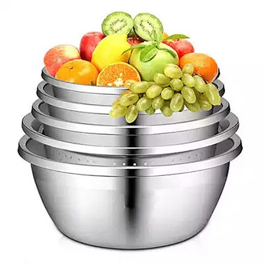 Yongcai five-piece set stainless steel thickened vegetable basin leaky basin vegetable basin rice washing basin round basin five-piece set (4 solid basins + 1 leaky basin) large size 22-24-26-28-30