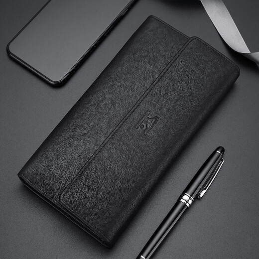 Sieben Wolf -Männer Langes Geldbörse echter Leder 3 -fach Straight Wallet Pure Head Layer Cowhide Gürtel Schnalle Ticket Clip Weiches Leder Mehrfachkartenschlitz schwarz