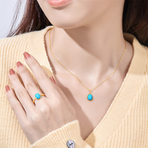 Diamond yellow 18K gold egg surface turquoise ring for women, colored gemstone ring, colorful gem ring for wife, girlfriend birthday gift, yellow 18K gold turquoise 7mm*9mm