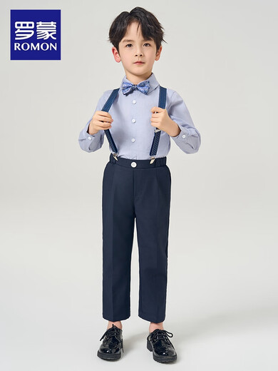 Romon-Jungen-Kleidungsanzuganzug Blumenjunge Britische Host Overalls Klavier Performance Anzug kurzärmeliges Hemd + Hose + Riemen [GIVEAWAY BUG KNAIN] 120