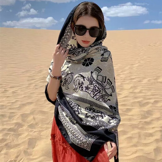 荣花施米色大象披肩围巾女包头沙漠旅游沙滩海边旅游拍照丝巾百搭围巾龖 民族风披肩【米色大象】