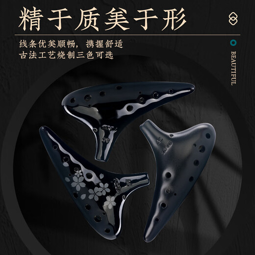 TNG 陶笛12孔中音专业陶笛十二孔熏烧黑陶初学乐器配陶笛教材 磨砂黑AC中音C