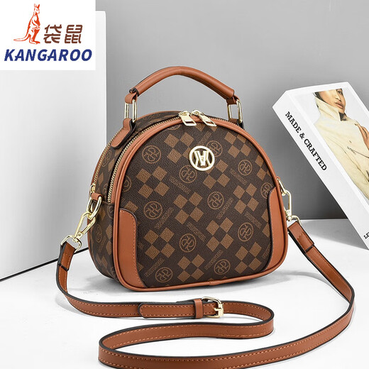 袋鼠（KANGAROO）高品质女包包2024新款印花百搭时尚小圆包单肩斜挎手提包包女 方块料-米白