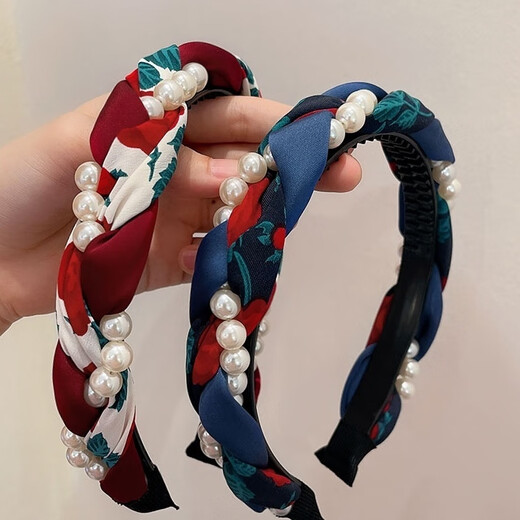 Beautiful Princess Korean version of high-end retro pearl twist headband, feminine wide-border non-slip toothed hairpin headband, high-end headwear 1# pearl twist red