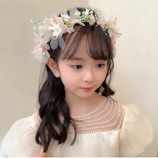 Bai Qixin Children's Crown Garland Headdress Hairpin Girl Hairband Wedding Spring Outing Flower Girl Birthday Headdress Fairy Performance Accessories Fruit Green Beaded Flower Streamer - One Size