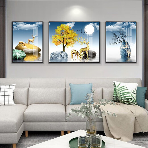 桐迪现代简约客厅装饰画沙发背景墙壁画新中式一帆风顺挂画大厅墙上画 2 福禄延绵14122  烤瓷镶钻中间140*90边70*90黑框