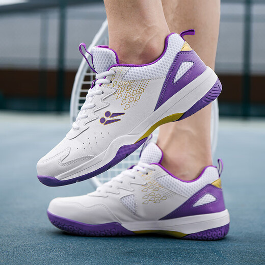CLBANG new summer badminton shoes for men, non-slip breathable training tennis shoes, cushioning and rebound, women's table tennis shoes, white and purple 39