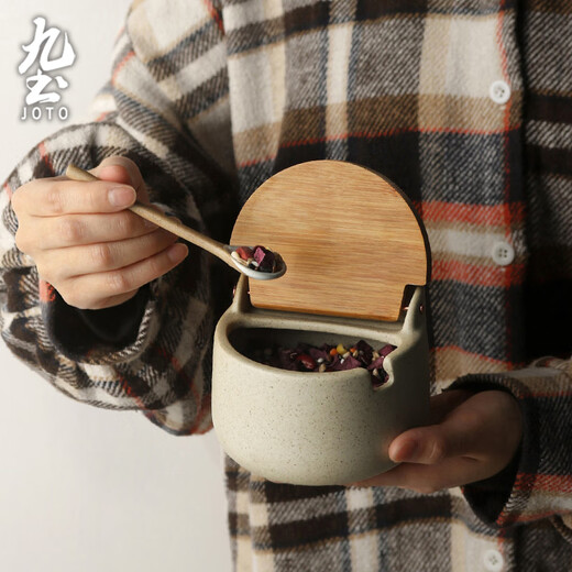 Jiutu retro seasoning jar, salt jar, kitchen household ceramic salt, MSG seasoning box with lid, spoon, seasoning jar, high-looking, rough ceramic model (comes with ceramic spoon, sticker)