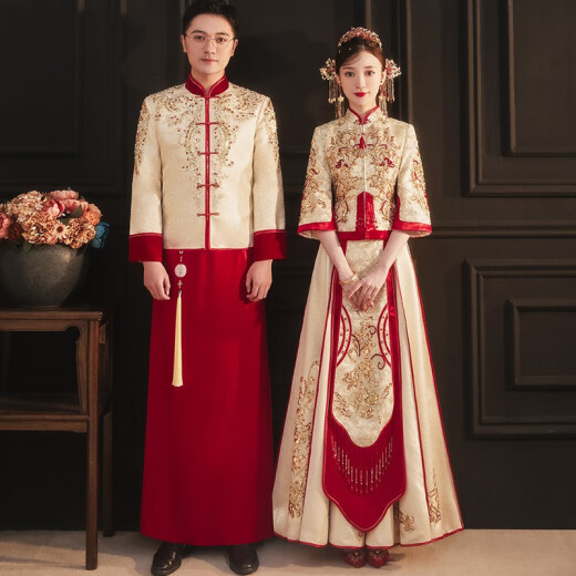 ZEIMSSMM Champagne Color Xiuhe Clothes 2024 New Chinese Bridal Wear Wedding Dress Wedding Toast Wear Wedding Clothes Gold Red Edge Xiuhe Double Sleeves 2XL