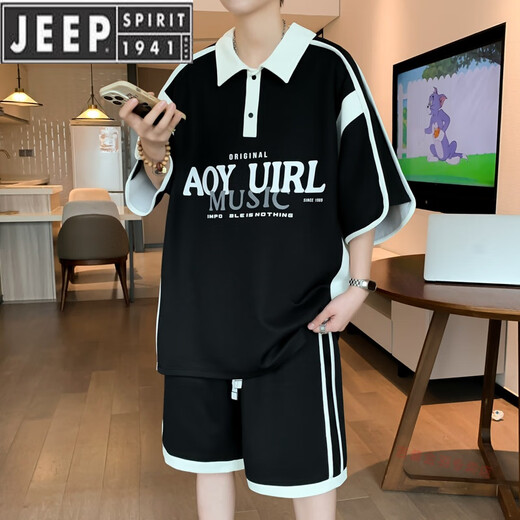 JEEP SPIRIT青年短袖t恤男装半袖POLO男夏季运动套装 6629白色【套装】 XL 130-145斤
