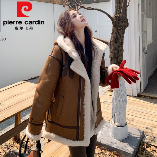 皮尔卡丹（pierre cardin）美拉德穿搭棕色连帽羊羔绒皮毛一体外套女冬季新款加厚机车服女装 棕色 升级版 加厚 S (110斤内)