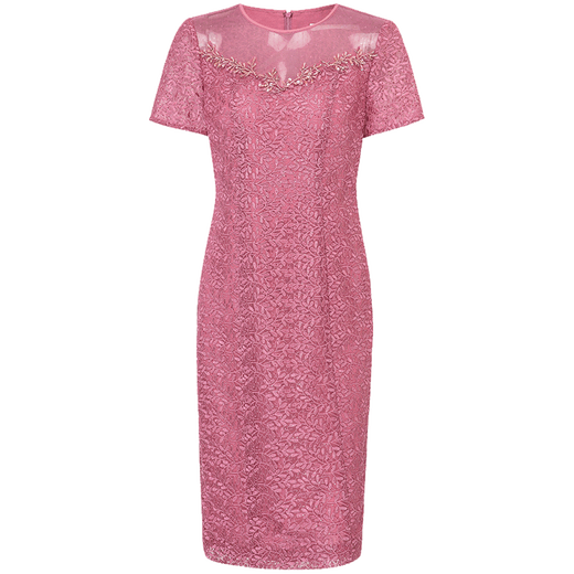 Ma Tiannu Spring and Summer New Pink Embroidered Lace Short Sleeve Dress Gown Hip MTS738DR0 Pink S