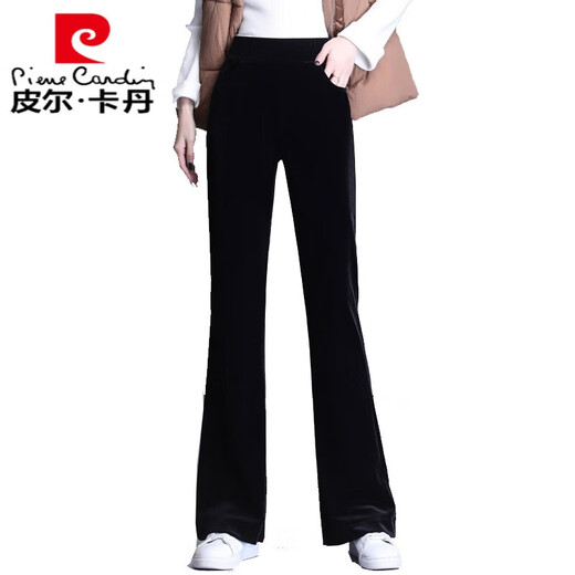 皮尔卡丹金丝绒喇叭裤女2024秋冬高腰显瘦宽松大号垂感微喇叭拖地九分长裤 加绒 3886 黑色 加厚 长裤 L 【106-115斤】