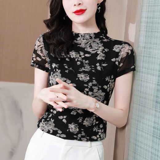 简方位冰丝网纱打底衫女2023夏半高领时尚洋气高弹修身显瘦印花T恤 9756 10XL l 105-115斤