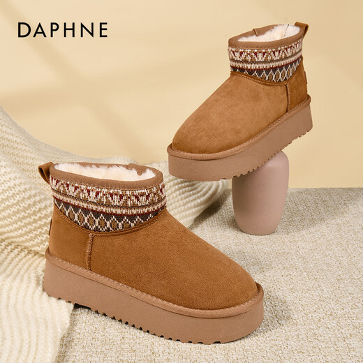 DAPHNE达芙妮雪地靴女加绒加厚东北保暖大棉靴冬季新款复古美拉德厚底短靴 驼色 加绒 跟高4.5cm 37 (235mm) 标准码