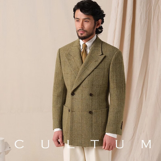 CULTUM1930s复古秋冬加厚纯羊毛粗纺毛呢双排戗驳领西服男西装外套 芥绿窗格 3XL (54B)