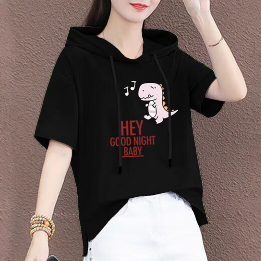 熊司令有戴带帽孑的棉半袖女帽衫短袖t恤连帽女装新款夏季宽松半截袖 蓝色-687袖子标 2XL 2xl