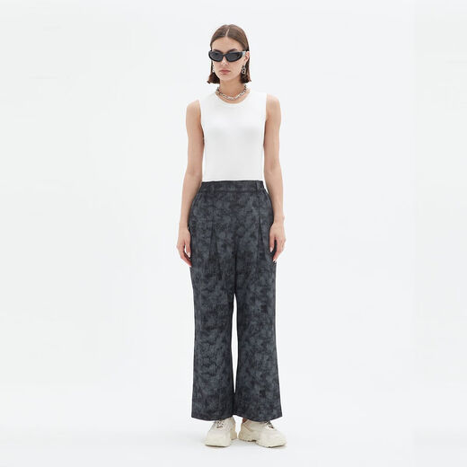 KANG S WONDERLAND star's same style American light luxury printed wide-leg pants with straps khaki casual pants washed cotton pants blue L