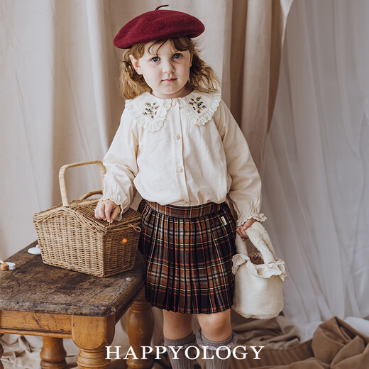 Happyology British children's plaid pleated casual skirt British style girls' skirt pleated skirt pink coffee plaid 98 (98cm)