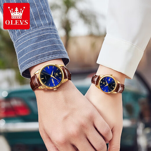 OLEVS Swiss Certified Pare Pare Watch Mechanical Watch Полностью автоматическая водонепроницаемая светящаяся пара Смотрите новогодний подарок для любовника [версия Collector 6629] Коричневая кожаная синяя пара [пожизненная гарантия]
