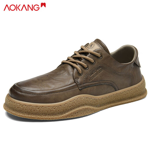 Aokang casual leather shoes for men 2025 autumn and winter new British business casual shoes retro low-top sneakers versatile high-end men's shoes khaki 41 standard sports shoe size