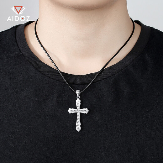Aido Diamond Men's Platinum Pendant Flame Cross pt950 Platinum Pendant Glossy Carved Necklace Glossy Version 8.3-8.5g + With Black Leather Cord