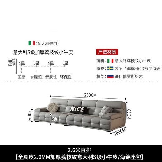 Leather sofa sofa living room new simple Lawrence modern light luxury Italian style small apartment ecological leather straight sponge-straight 2.6 meters fully wrapped ecological leather