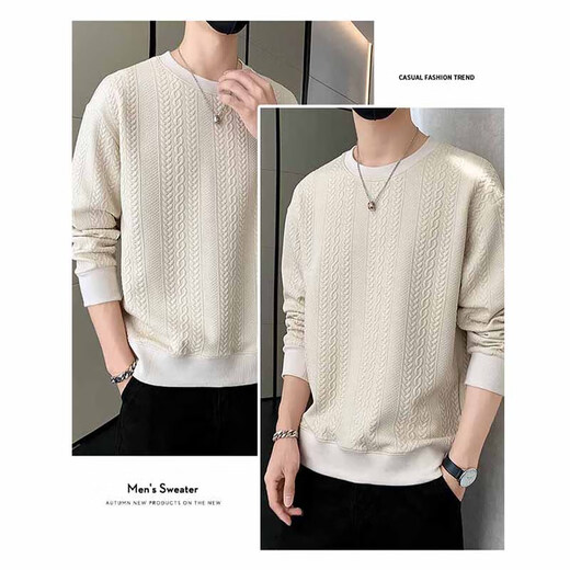 Dingfengbaoluo long-sleeved T-shirt men's autumn and winter versatile fashion jacquard sweatshirt loose trendy tops JE2221 white XL