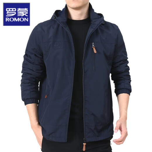Romon Outdoor Men's Jacket para primavera, otoño e invierno Nuevo estilo de mediana edad y chaqueta para hombres jóvenes chaqueta con capucha de color sólido para hombres 9888 azul oscuro sin lana l