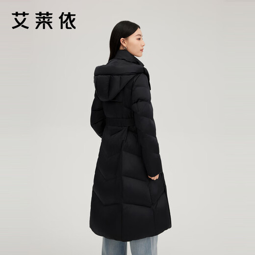 Ai Lai's temperament waisted down jacket women's long removable hooded stylish thickened warm coat carbon black S