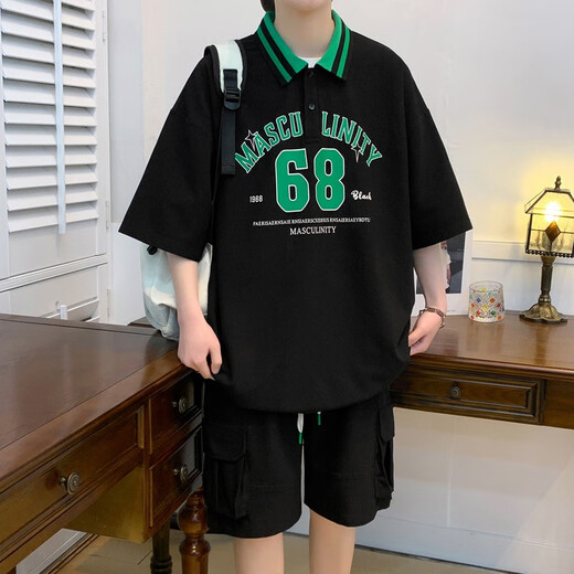 柏乐迪（BAILEDI）夏季短袖t恤胖男孩12-15岁初中高中学生帅气POLO衫14大童运动套装 6626黑色（短袖+短裤） 170 XL（建议体重130-150斤左右）