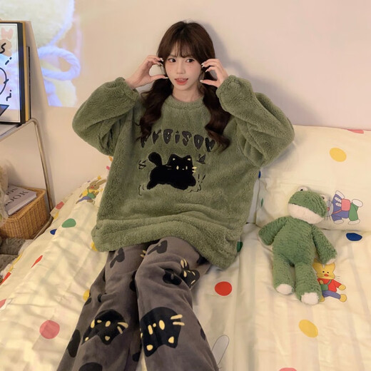 Pei Shiyan Pyjamas für Frauen Korallen Velvet Winter 2024 Neues samt verdickte Flanellmädchen Große Kinder warme Set Außerhalb xx4873/c Samt verdickte Set M 160C75-95jin [Jin gleich 0,5 kg]
